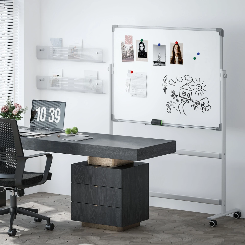HOMCOM Magnetinė lenta 120 x 90 cm Dvipusė magnetinė lenta su stovu, ratukais, 6 žymekliais ir 1 trintuku, 360° pasukama, 3 pakopų reguliuojama magnetinė lenta biurui, namams