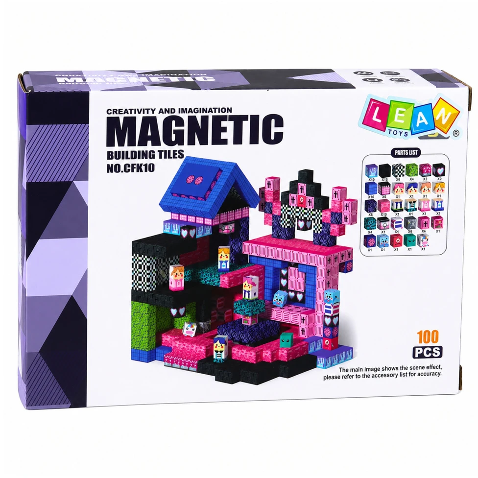 Lean Toys Magnetinės konstravimo kaladėlės, kubo formos, rožinės, 100 vnt.