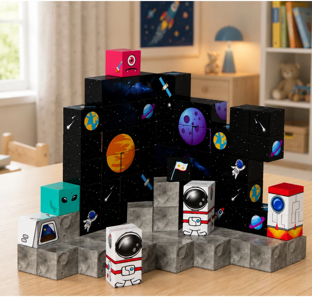 Lean Toys Magnetinių kaladėlių konstruktorius su kosmoso tema, 100 vnt.