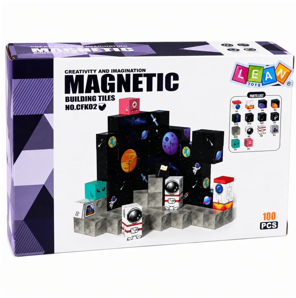Lean Toys Magnetinių kaladėlių konstruktorius su kosmoso tema, 100 vnt.