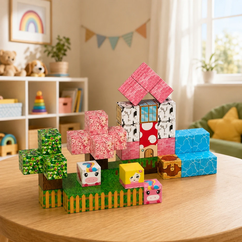 Lean Toys Magnetinių kaladėlių rinkinys su vienaragių motyvais, 50 vnt.