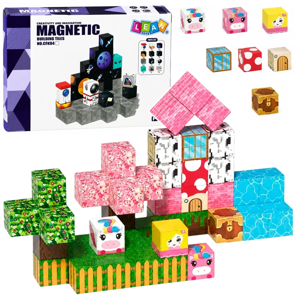Lean Toys Magnetinių kaladėlių rinkinys su vienaragių motyvais, 50 vnt.