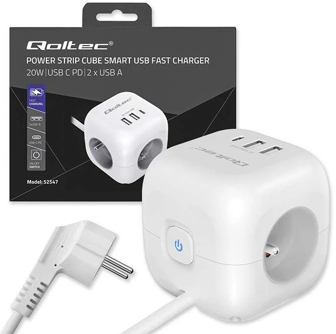 Maitinimo 6v1 prailginimo kubas su apšviestu jungikliu Qoltec 3x AC 2x USB 1x USB-C PD 20W baltas kabelis 2 m