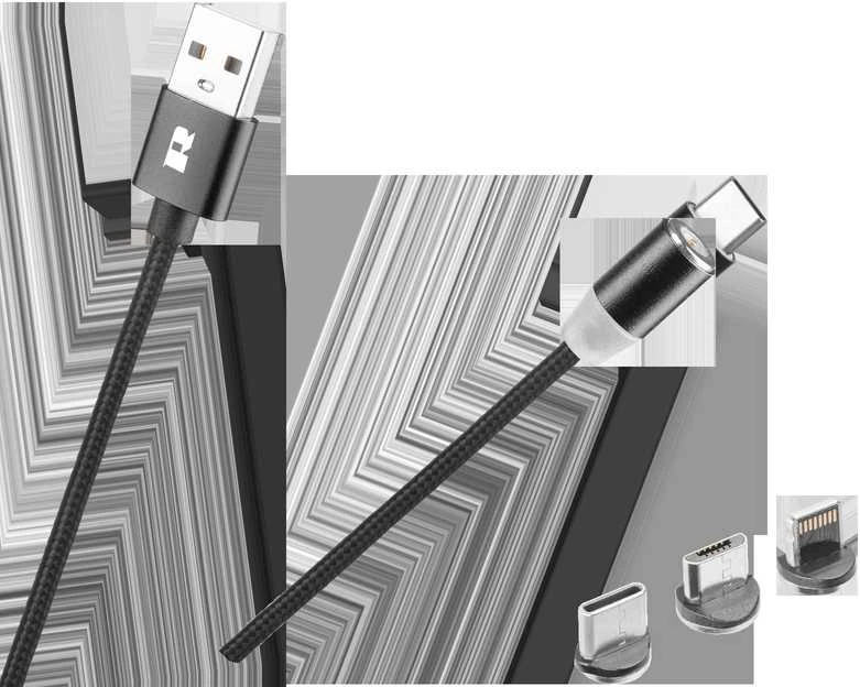 Rebel Magnetinis USB kabelis 3in1 microUSB USB C Lightning 1m Juodas