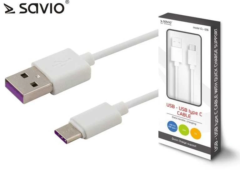 USB kabelis - SAVIO USB Type C 5A 1m 480 Mbit/s Baltas