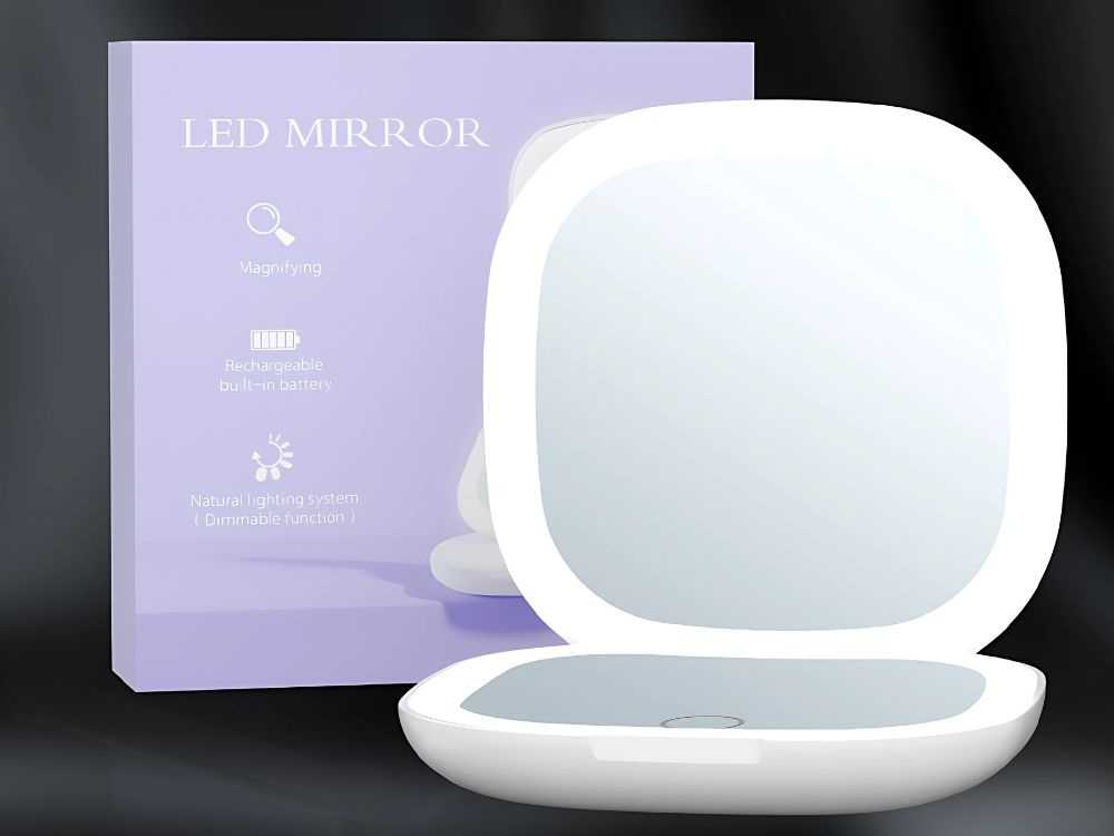 Makiažo veidrodėlis su LED apšvietimu, 9x9x2 cm