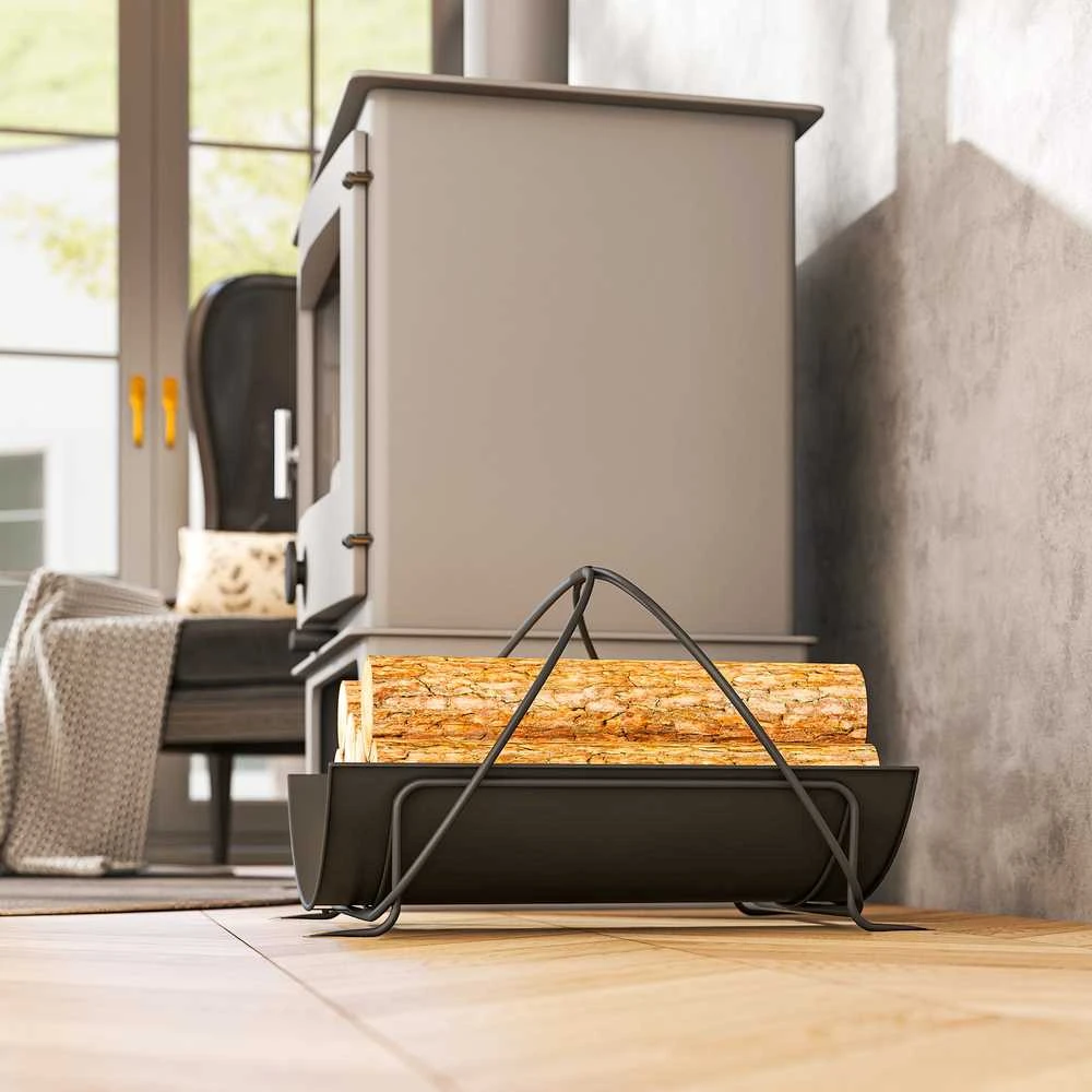 Outsunny malkinė vidaus patalpoms 51 x 38 x 33 cm, geometrinė metalinė malkų lentyna su rankena, juoda