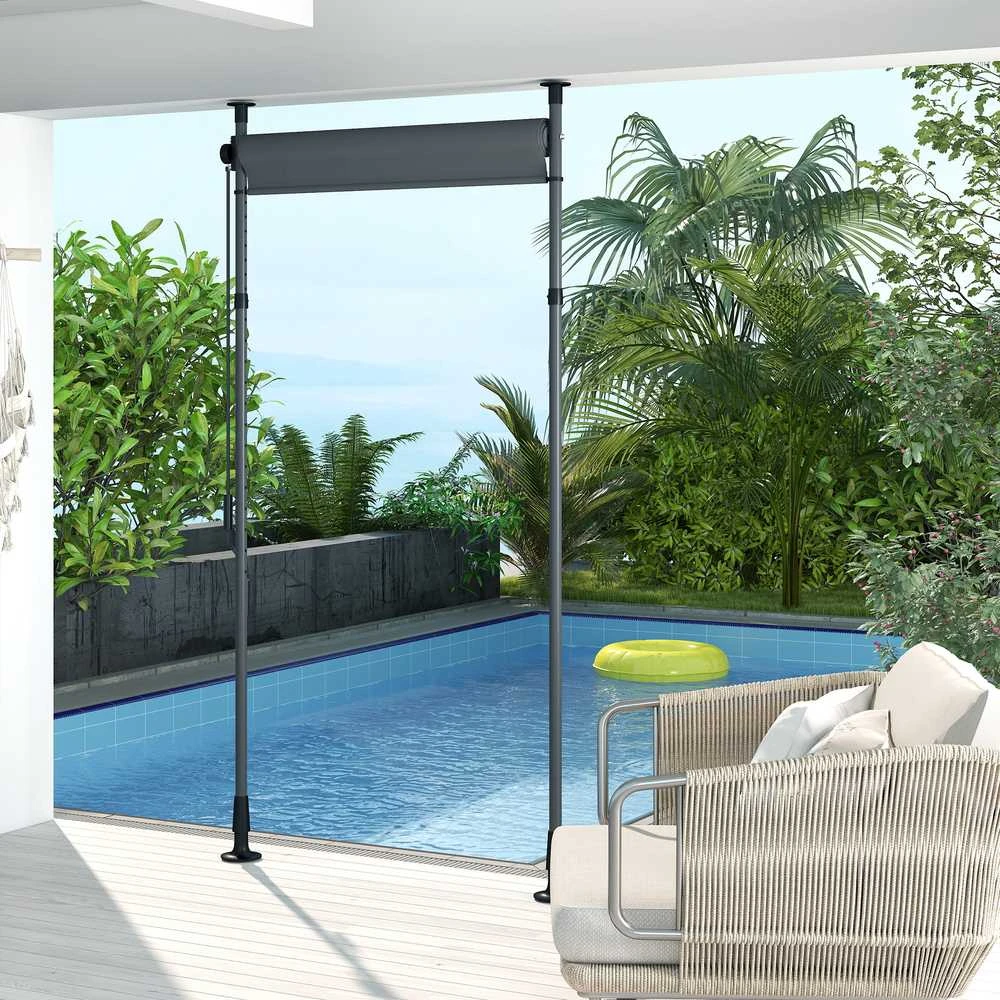 „Outsunny“ vertikali markizė su apsauga nuo saulės, balkono užuolaida 150 x 220–310 cm, balkono privatumo ekranas su rankena, atspari oro sąlygoms, poliesteris, tamsiai pilka
