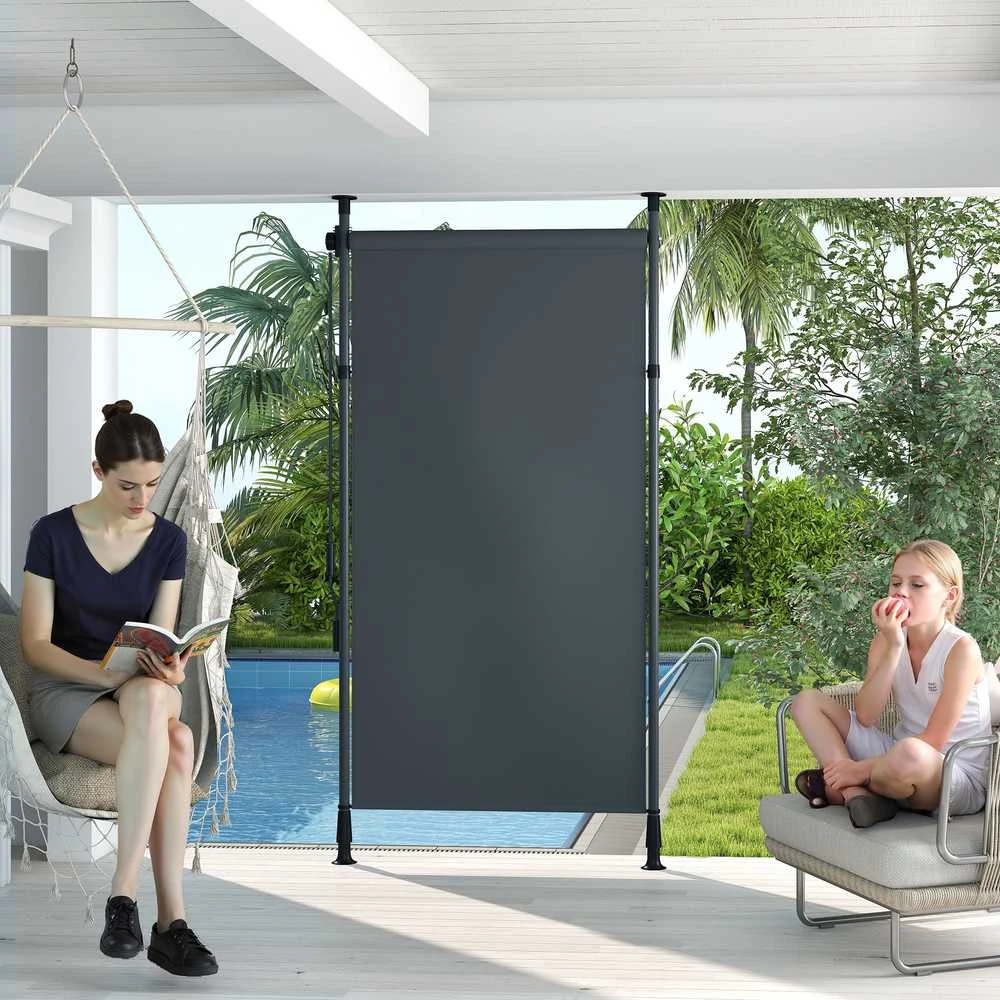 „Outsunny“ vertikali markizė su apsauga nuo saulės, balkono užuolaida 150 x 220–310 cm, balkono privatumo ekranas su rankena, atspari oro sąlygoms, poliesteris, tamsiai pilka