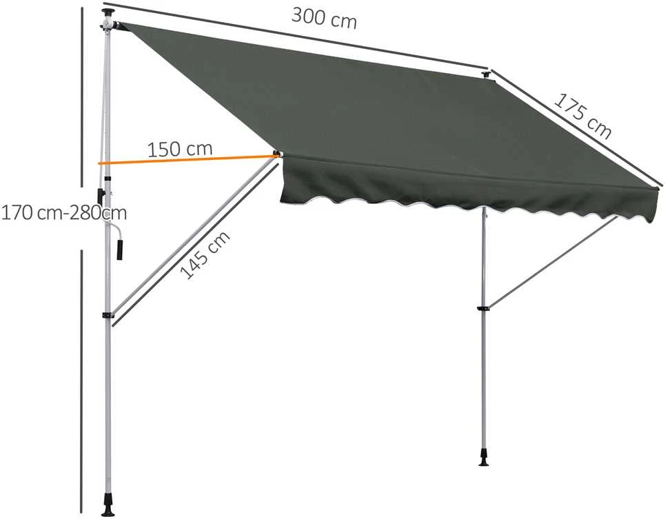 Outsunny markizė, ištraukiama markizė su alkūne, apsauga nuo saulės, sulankstoma svirtis, rankinis valdymas, balkono markizė, aliuminis, pilka, 300 x 150 cm