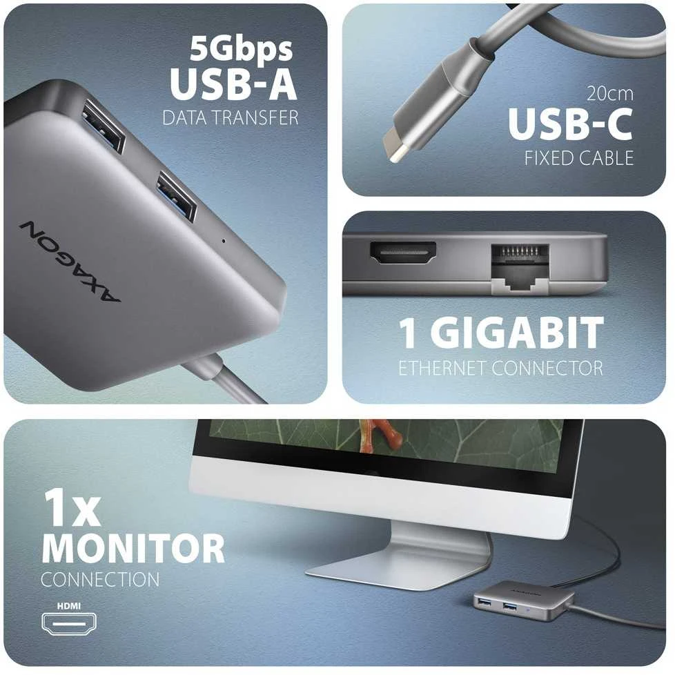 AXAGON HMC-5HL USB 5Gbps šakotuvas, 2x USB-A, HDMI 4k/60Hz, RJ-45, PD 100W, 20c