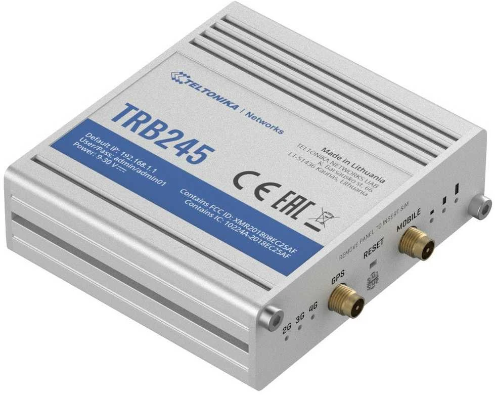 Šakotuvas Teltonika TRB245 LTE Gateway: Be WiFi, 4G, Dual SIM, Enthernet prievadas, RS232+RS485 jungtys, GPS Teltonika