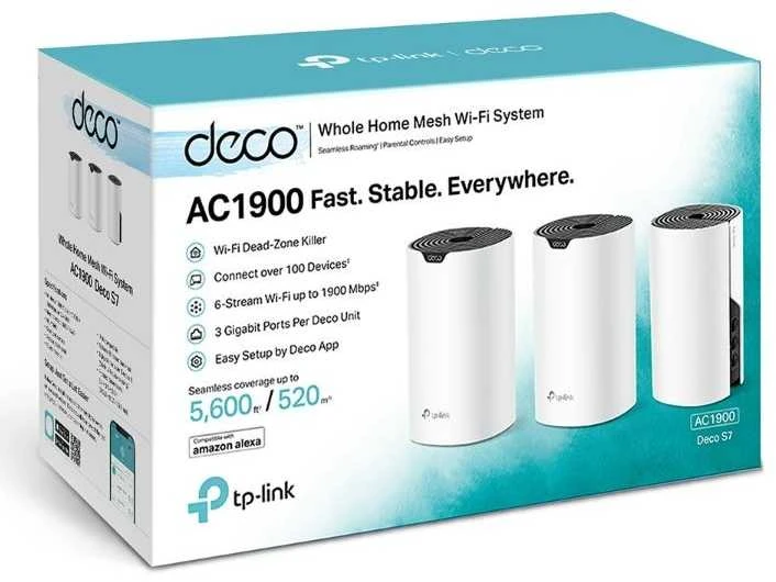 Maršrutizatorius TP-LINK | AC1900 viso namo tinklinio „Wi-Fi“ sistema | „Deco S7“ (3 vnt. pakuotė) | 802.11ac | 10/100/1000 Mbit/s | Ethernet LAN (RJ-45) jungtys 1 | Tinklo palaikymas: Taip | MU-MiMO: Taip | Ne, mobilusis plačiajuostis ryšys | Antenos tipas: Vidinė