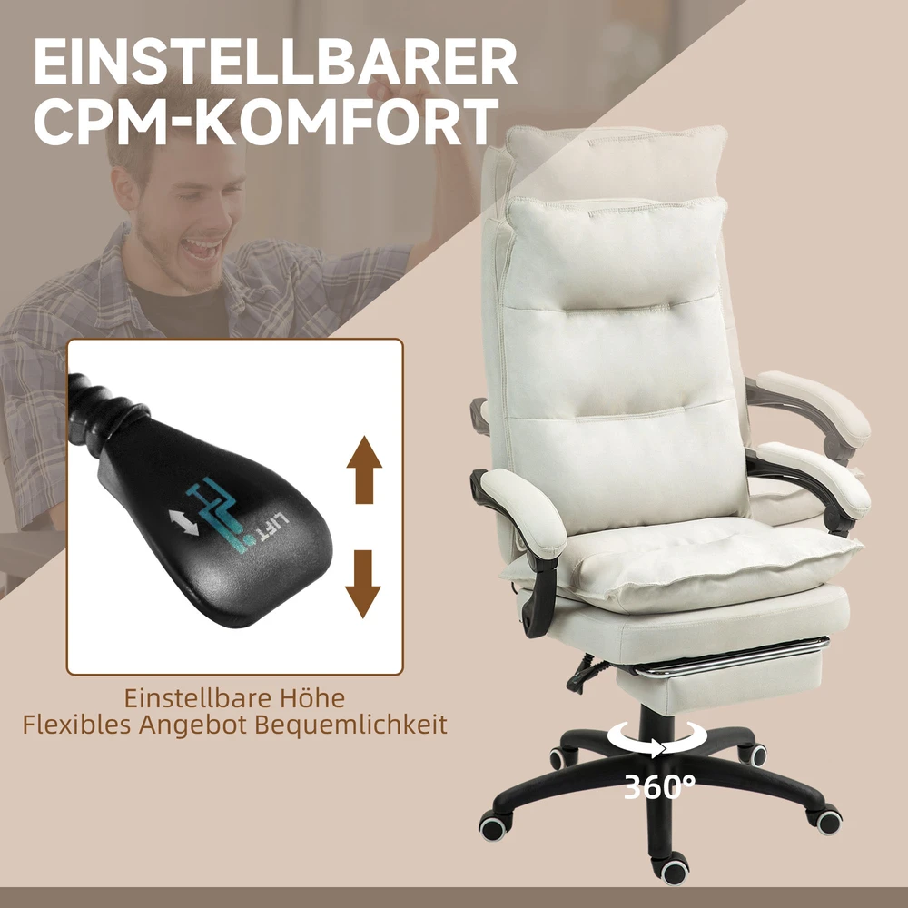 "Vinsetto" biuro kėdė su 6 taškų masažu, ergonomiška žaidimų kėdė su atsilenkimo funkcija, reguliuojamo aukščio vadovo kėdė su atrama kojoms, 120 kg keliamoji galia, skirta studijoms, biurui, kreminės baltos spalvos