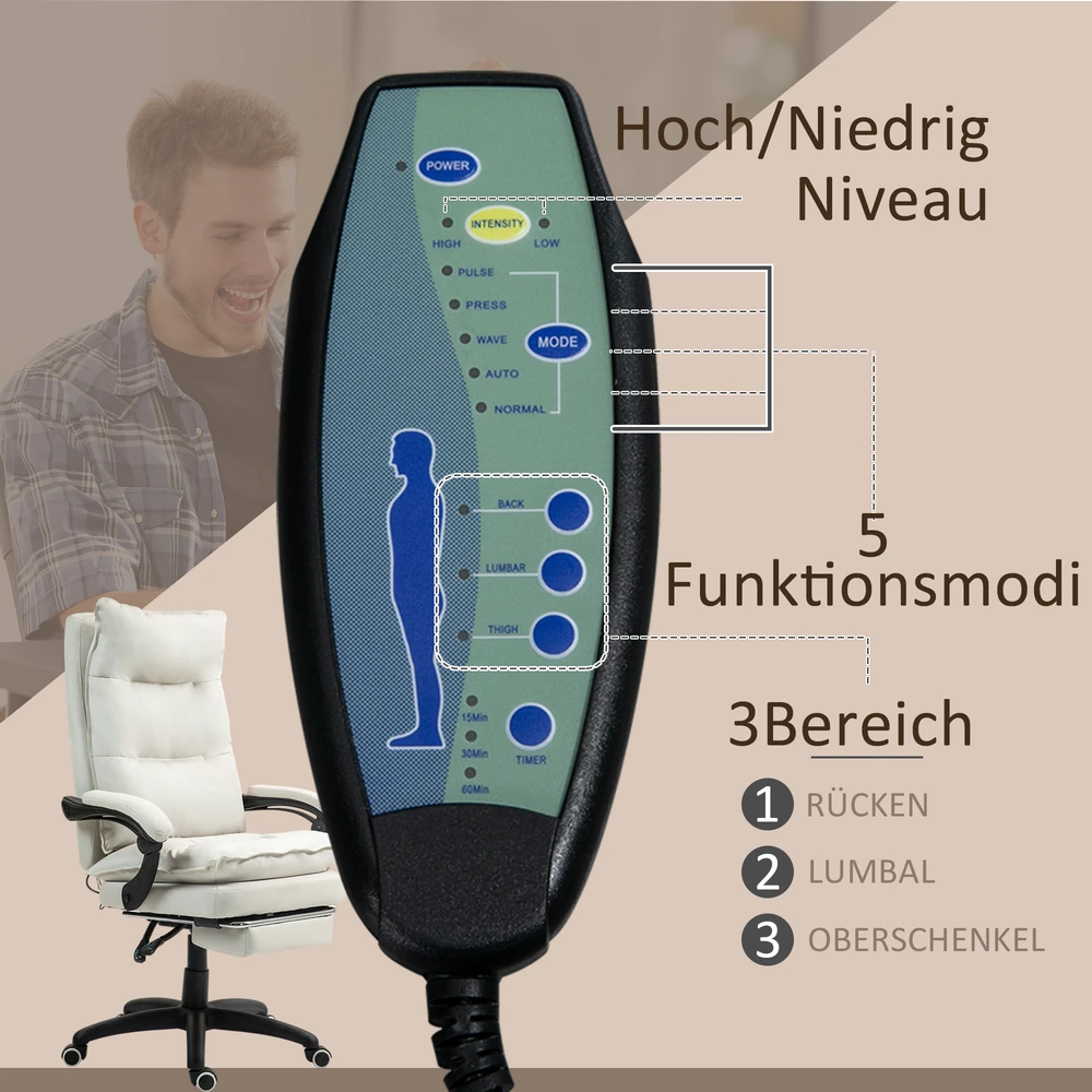 "Vinsetto" biuro kėdė su 6 taškų masažu, ergonomiška žaidimų kėdė su atsilenkimo funkcija, reguliuojamo aukščio vadovo kėdė su atrama kojoms, 120 kg keliamoji galia, skirta studijoms, biurui, kreminės baltos spalvos