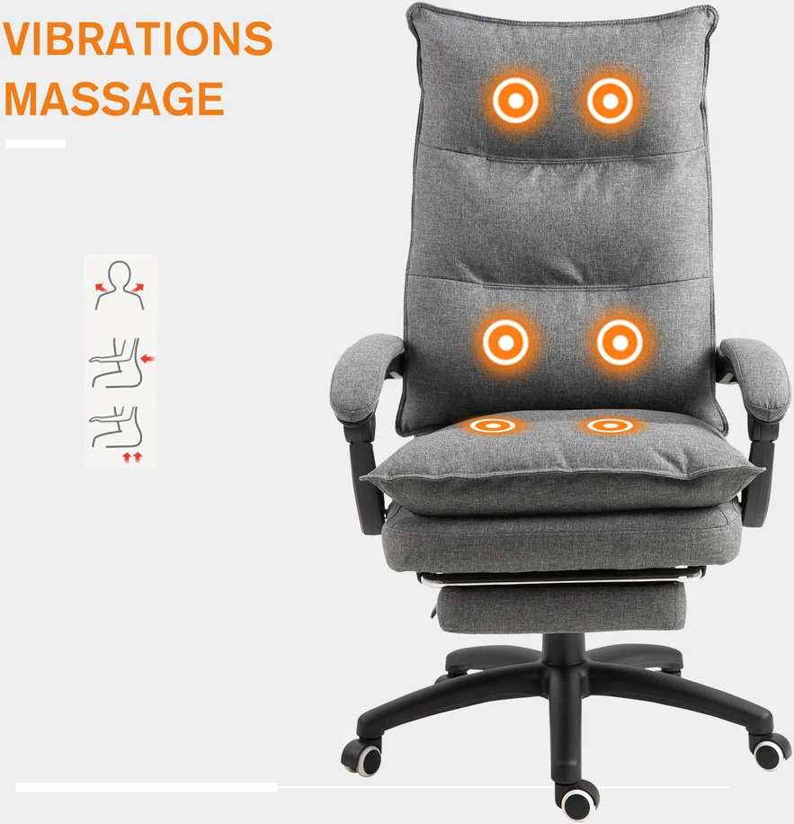"Vinsetto" masažinė kėdė, sukamoji kėdė, žaidimų kėdė, biuro kėdė, ergonominė darbo kėdė, reguliuojamo aukščio, nailonas, pilka, 70x62x120-130 cm