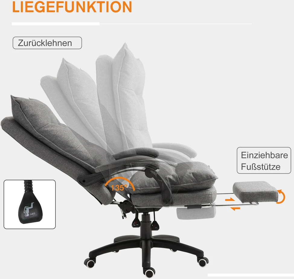 "Vinsetto" masažinė kėdė, sukamoji kėdė, žaidimų kėdė, biuro kėdė, ergonominė darbo kėdė, reguliuojamo aukščio, nailonas, pilka, 70x62x120-130 cm