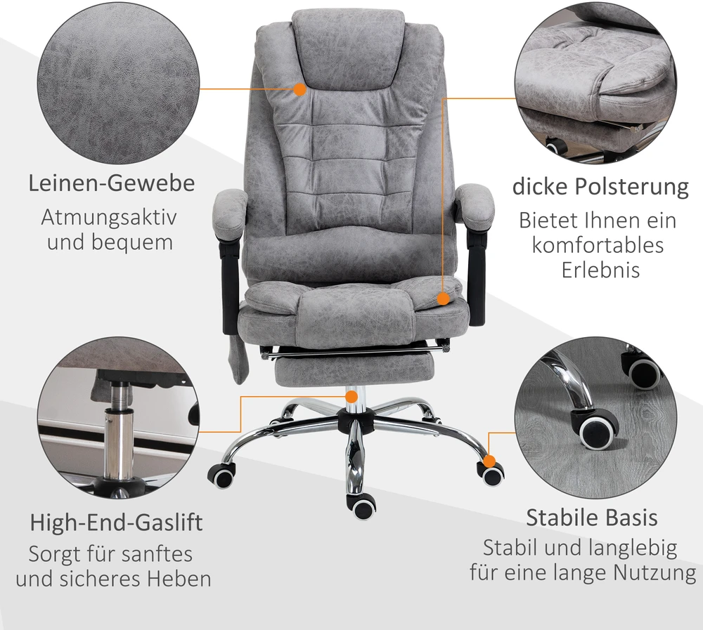 Biuro kėdė Vinsetto su masažo funkcija, ergonomiška darbo kėdė su atlošimo ir šildymo funkcijomis, nuotolinio valdymo pultas, pilka