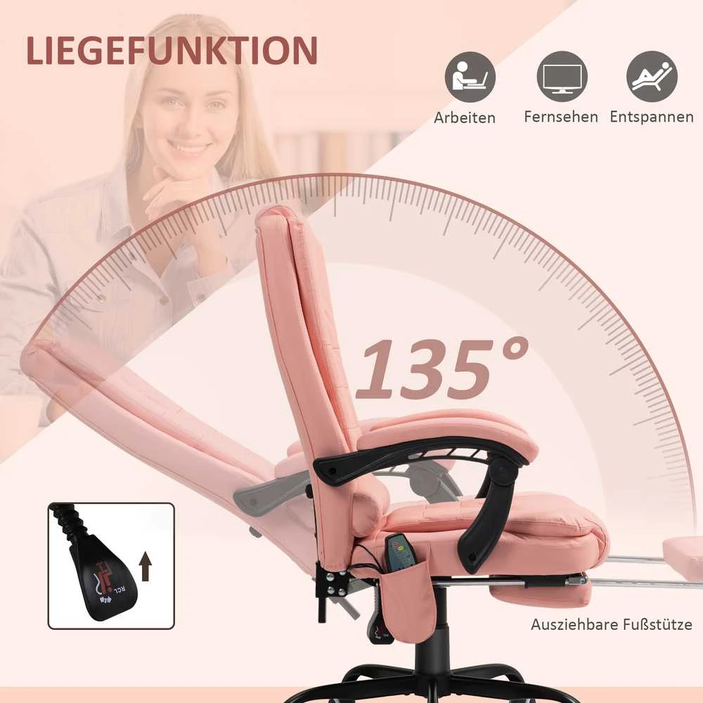Vinsetto biuro kėdė su 7 taškų masažu, ergonomiškas darbo krėslas su atlošimo funkcija, reguliuojamo aukščio vadovo kėdė su nuotolinio valdymo pulteliu, išlaikanti iki 120 kg, darbo kambariui, biurui, rožinė