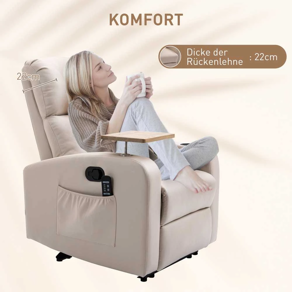 HOMCOM elektrinis masažinis fotelis, atsipalaidavimo krėslas su masažo funkcija, televizoriaus fotelis su atlošimo funkcija, mikropluoštas, smėlio spalvos