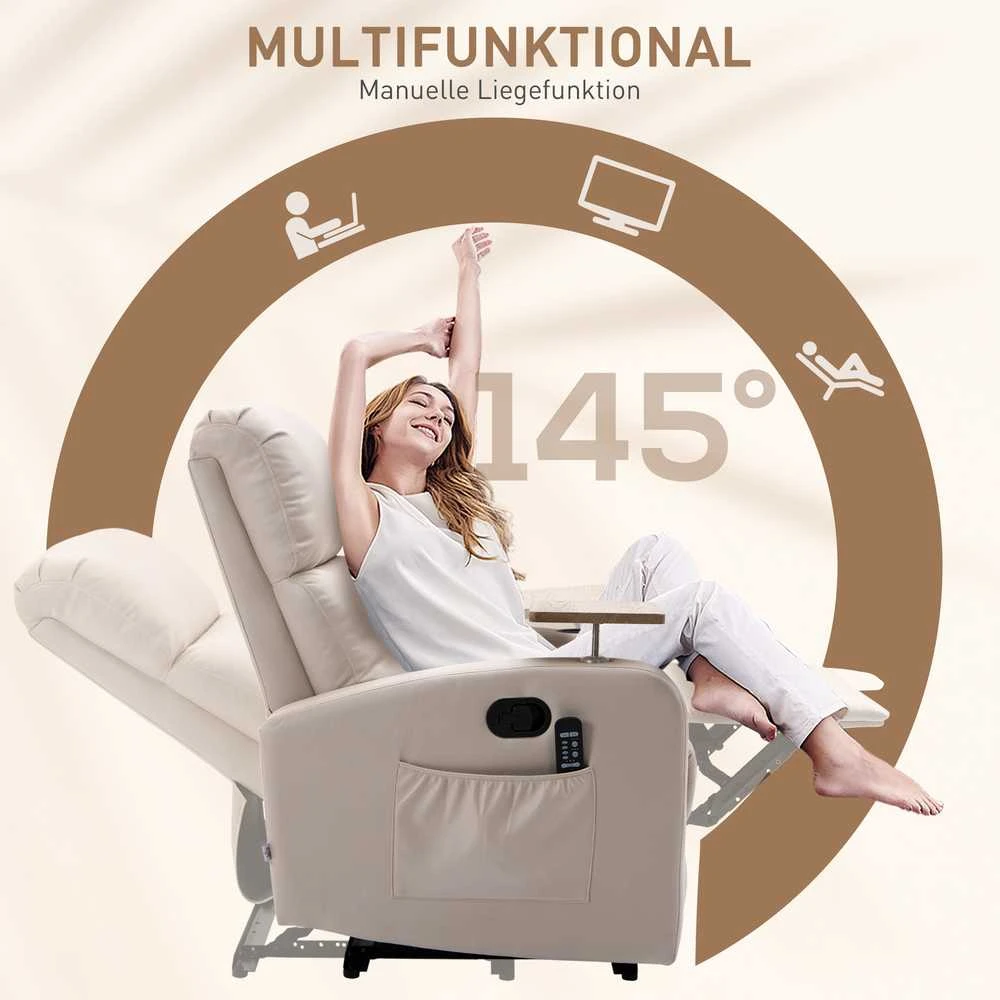 HOMCOM elektrinis masažinis fotelis, atsipalaidavimo krėslas su masažo funkcija, televizoriaus fotelis su atlošimo funkcija, mikropluoštas, smėlio spalvos