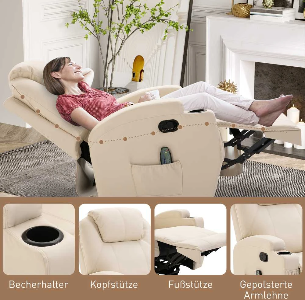 "HOMCOM Relax" fotelis su atlošimo funkcija, elektrinis masažinis fotelis, 5 masažo režimai, odos imitacija, kreminės baltos spalvos, 84x92x109cm