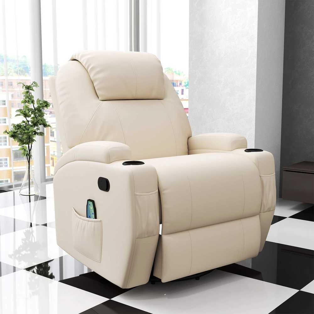 "HOMCOM Relax" fotelis su atlošimo funkcija, elektrinis masažinis fotelis, 5 masažo režimai, odos imitacija, kreminės baltos spalvos, 84x92x109cm