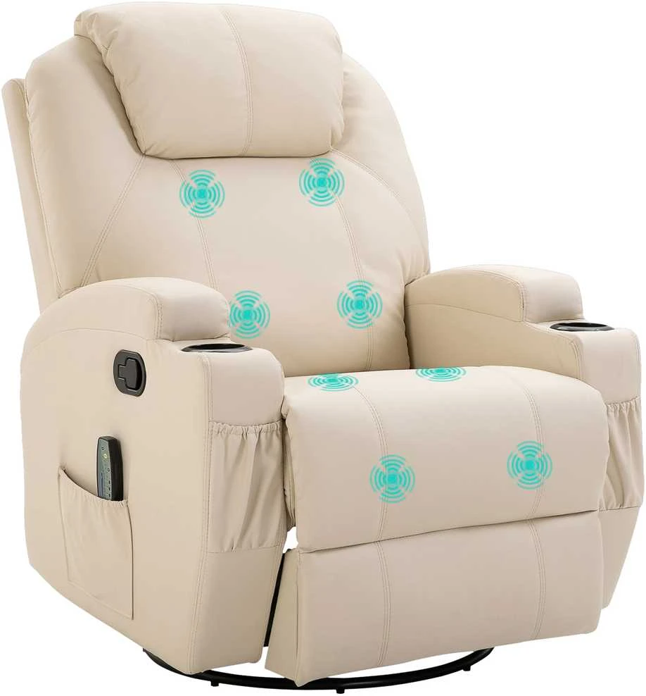 "HOMCOM Relax" fotelis su atlošimo funkcija, elektrinis masažinis fotelis, 5 masažo režimai, odos imitacija, kreminės baltos spalvos, 84x92x109cm