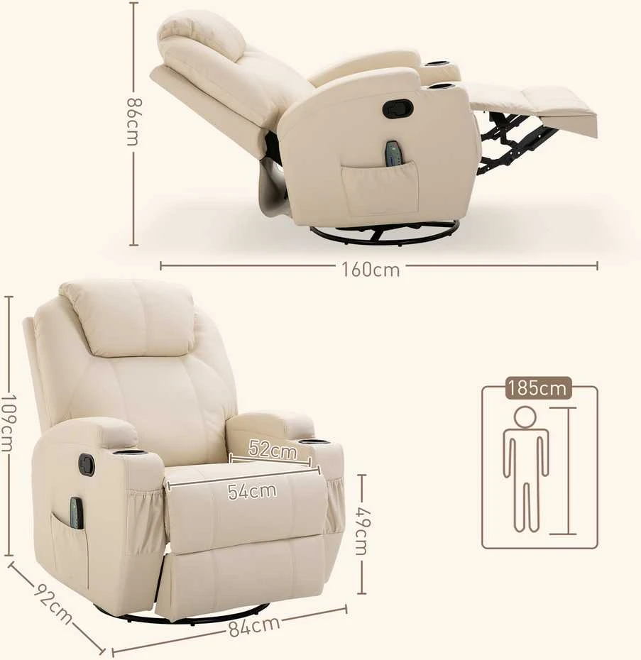 "HOMCOM Relax" fotelis su atlošimo funkcija, elektrinis masažinis fotelis, 5 masažo režimai, odos imitacija, kreminės baltos spalvos, 84x92x109cm