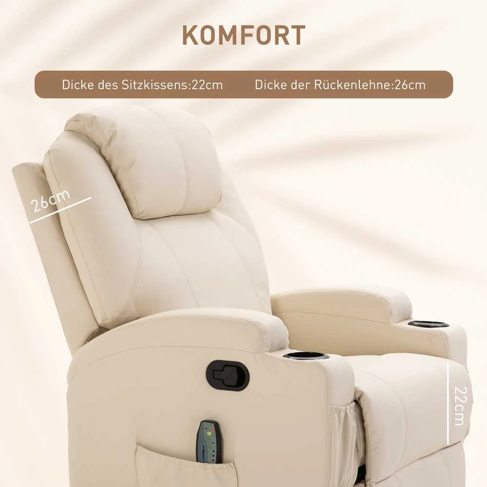 "HOMCOM Relax" fotelis su atlošimo funkcija, elektrinis masažinis fotelis, 5 masažo režimai, odos imitacija, kreminės baltos spalvos, 84x92x109cm