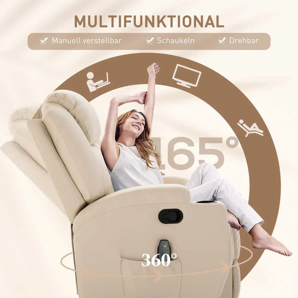 "HOMCOM Relax" fotelis su atlošimo funkcija, elektrinis masažinis fotelis, 5 masažo režimai, odos imitacija, kreminės baltos spalvos, 84x92x109cm