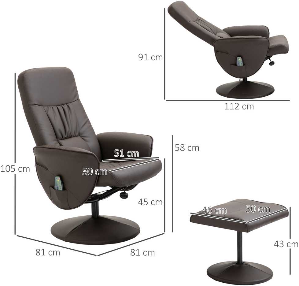 Fotelis HOMCOM masažinis poilsio krėslas su pakoja, TV krėslas, 10 vibracijos taškų, dirbtinė oda, rudas, 76x81x105 cm