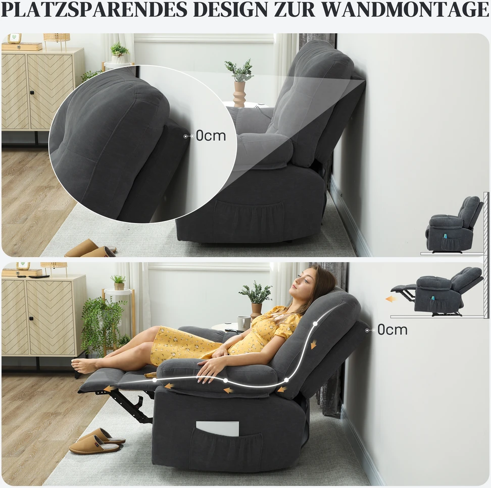 Masažinis fotelis su 8 vibracijos taškais ir 150° atlošimu, tamsiai pilkas, 100 × 102 × 107 cm