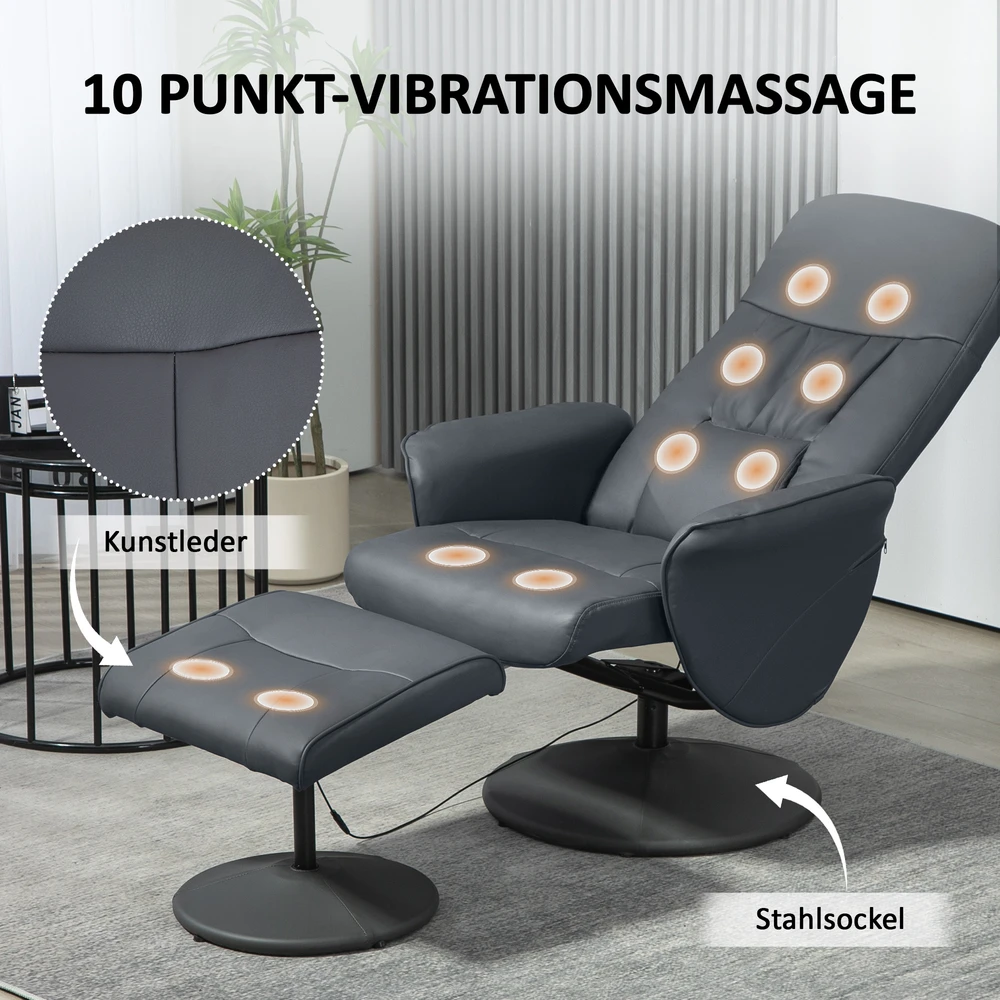 "HOMCOM Relax" fotelis su pakoja, elektrinis masažinis fotelis su atsilenkimo funkcija, 10 masažo taškų, pasukamas TV fotelis su šonine kišene, nuotolinio valdymo pultelis, odos imitacija, tamsiai pilkos spalvos