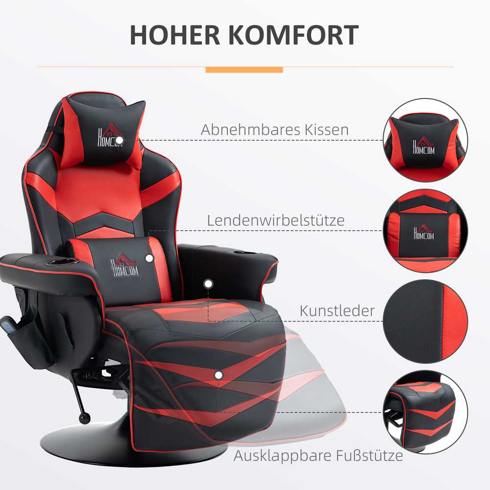 HOMCOM masažinis poilsio krėslas, ergonomiškas su aukštu atlošu ir pagalvėmis, TV krėslas su puodelių laikikliu, dirbtinė oda