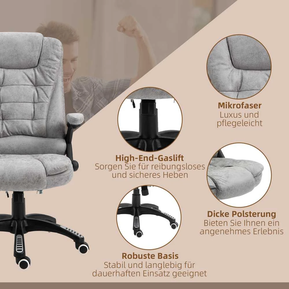 Biuro kėdė Vinsetto su supimosi funkcija, masažinis krėslas su šildymo funkcija, ergonomiškas vadovo krėslas su masažo funkcija, reguliuojamo aukščio, apkrova iki 120 kg, pilka