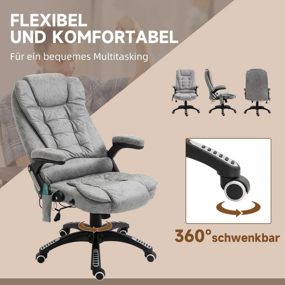 Biuro kėdė Vinsetto su supimosi funkcija, masažinis krėslas su šildymo funkcija, ergonomiškas vadovo krėslas su masažo funkcija, reguliuojamo aukščio, apkrova iki 120 kg, pilka