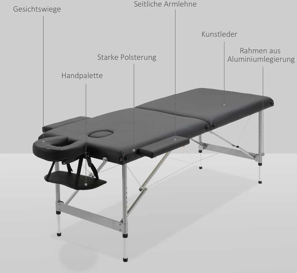Sulankstoma masažo lova HOMCOM, profesionalus 7 zonų masažo stalas, reguliuojamo aukščio, išlaikantis iki 130 kg svorį, idealiai tinka SPA ir salonams, juoda