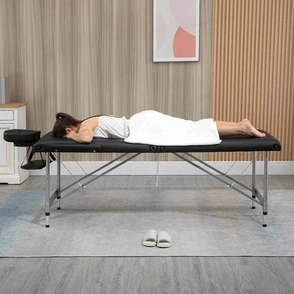 Sulankstoma masažo lova HOMCOM, profesionalus 7 zonų masažo stalas, reguliuojamo aukščio, išlaikantis iki 130 kg svorį, idealiai tinka SPA ir salonams, juoda
