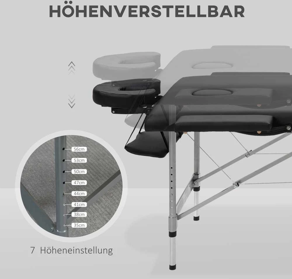 Sulankstoma masažo lova HOMCOM, profesionalus 7 zonų masažo stalas, reguliuojamo aukščio, išlaikantis iki 130 kg svorį, idealiai tinka SPA ir salonams, juoda