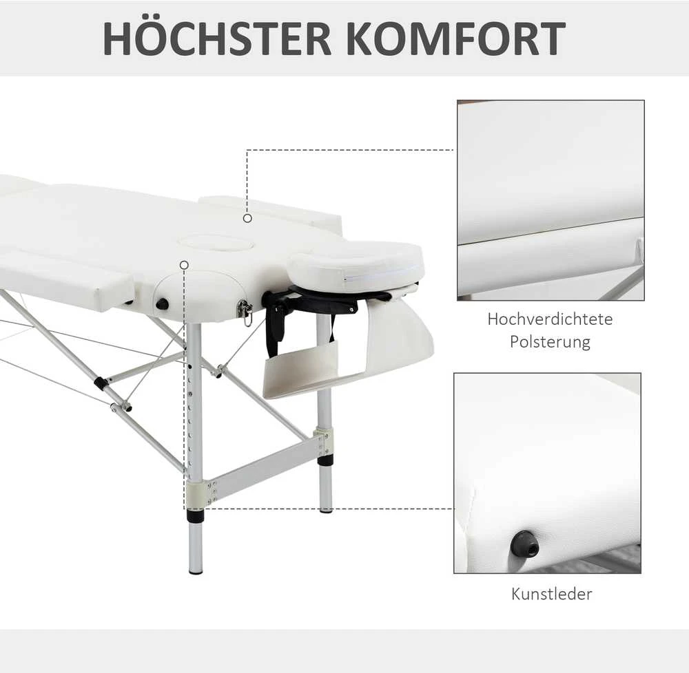 HOMCOM sulankstoma masažo lova, reguliuojamo aukščio, su galvos atrama, skirta salonui, SPA, plastikas, aliuminis, balta, 215 x 60 x 61-84 cm