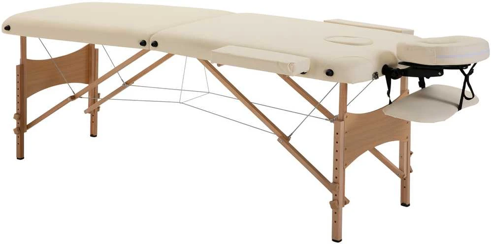 HOMCOM masažinis stalas, sulankstoma masažinė lova, reguliuojamo aukščio masažo gultas, masažo lova su galvos atrama, SPA, salonui, dirbtinė oda, medis, kreminė spalva