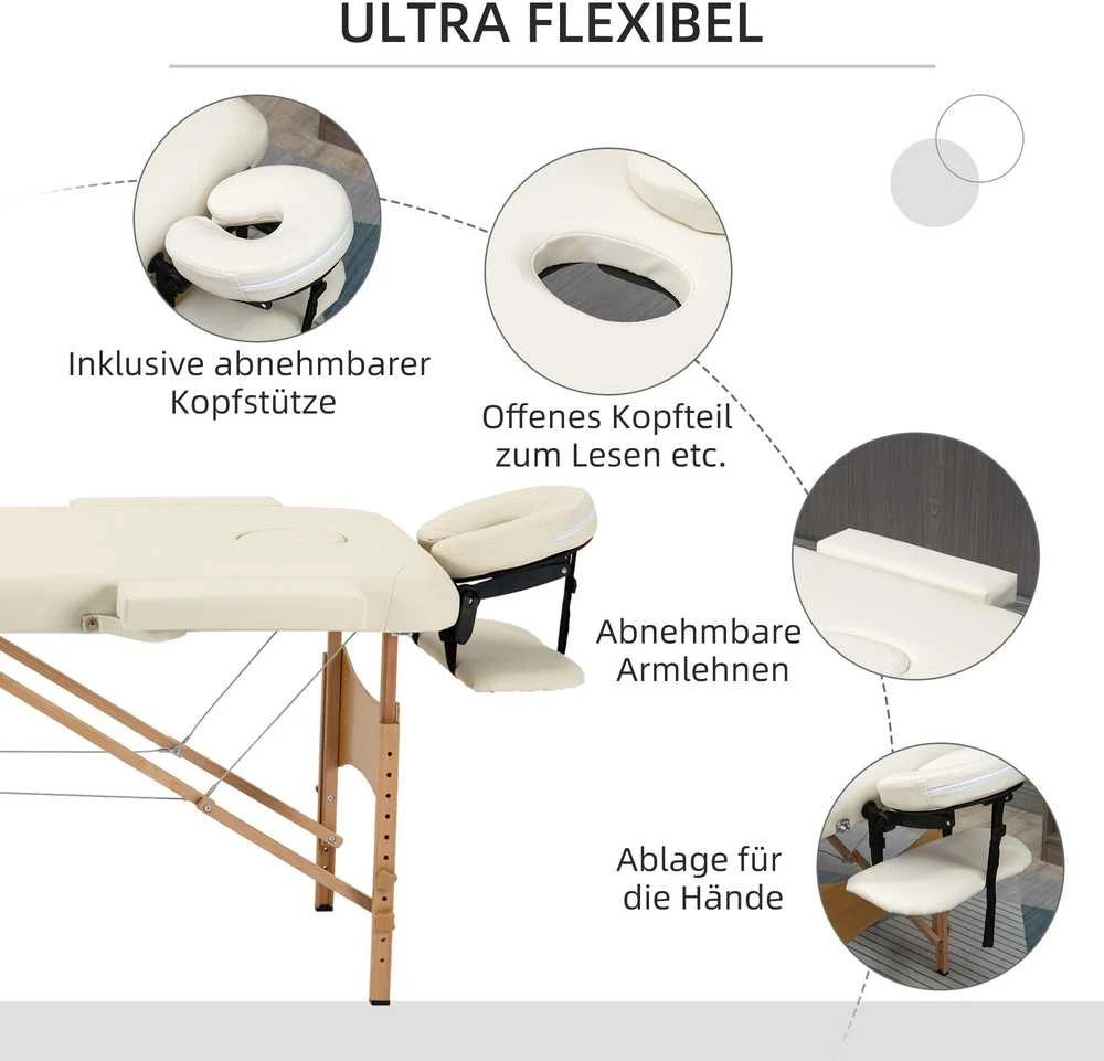 HOMCOM masažinis stalas, sulankstoma masažinė lova, reguliuojamo aukščio masažo gultas, masažo lova su galvos atrama, SPA, salonui, dirbtinė oda, medis, kreminė spalva