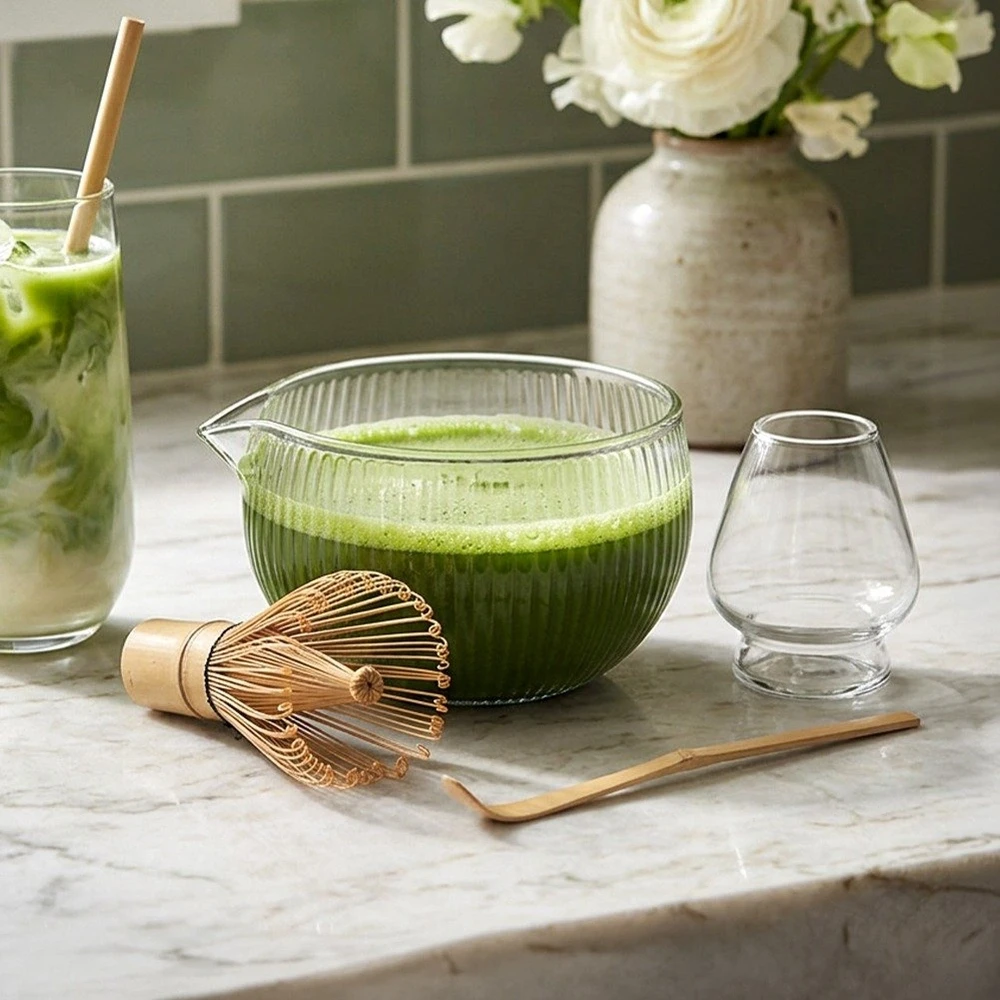 Matcha ruošimo rinkinys, stiklinis ir bambukinis, skaidrus, 4 dalių