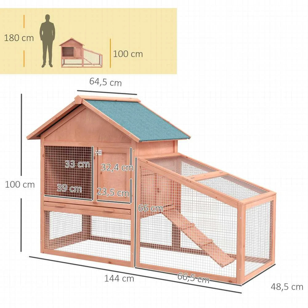 PawHut narvas smulkiems gyvūnams, 144 x 64,5 x 100 cm, su bitumine stogo danga, dviejų aukštų, natūralios spalvos eglės mediena