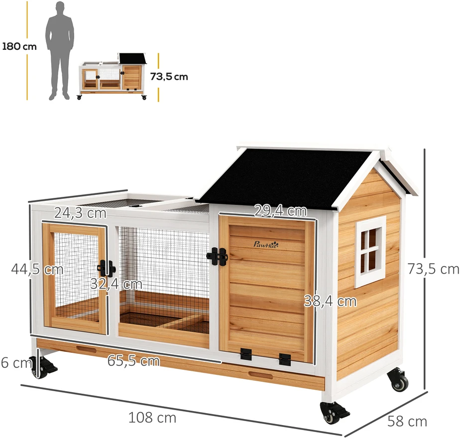 PawHut medinis narvelis nykštukiniams triušiams, 108 x 58 x 73,5 cm, narvelis smulkiems gyvūnams su bėgiojimo vieta, ratukais, atidaromu stogu ir ištraukiamu padėklu, skirtas naudoti viduje ir lauke, geltonas