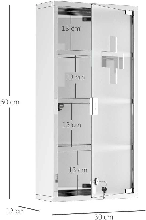 HOMCOM medicinos spintelė vaistams, pirmosios pagalbos spintelė su užraktu, nerūdijantis plienas, 30 x 12 x 60 cm