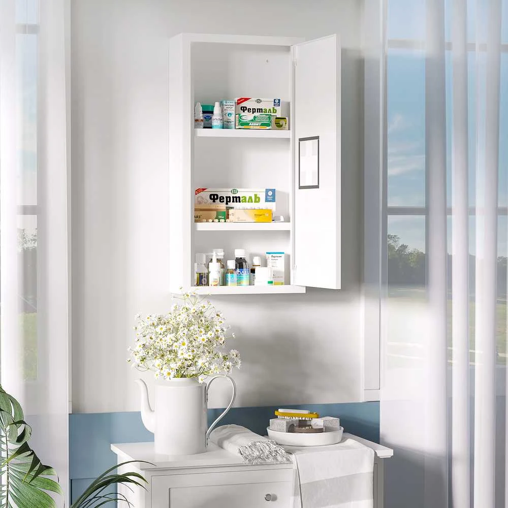 kleankin medicininė spintelė, pirmosios pagalbos spintelė, balta, su 3 vidinėmis lentynomis ir magnetiniu užraktu, vaistams, 40x15x53,5 cm