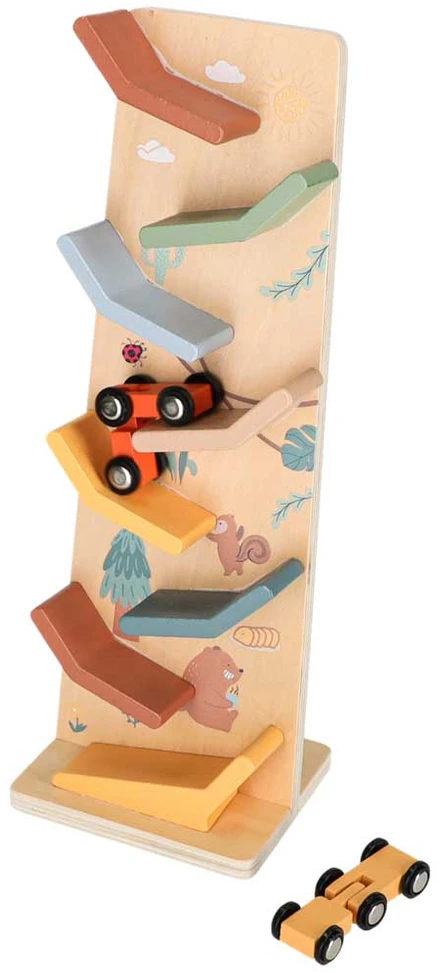 Medinis automobilių nusileidimo takelis, 8 lygių, įvairiaspalvis, 31 × 11 × 9 cm, su 2 automobiliais