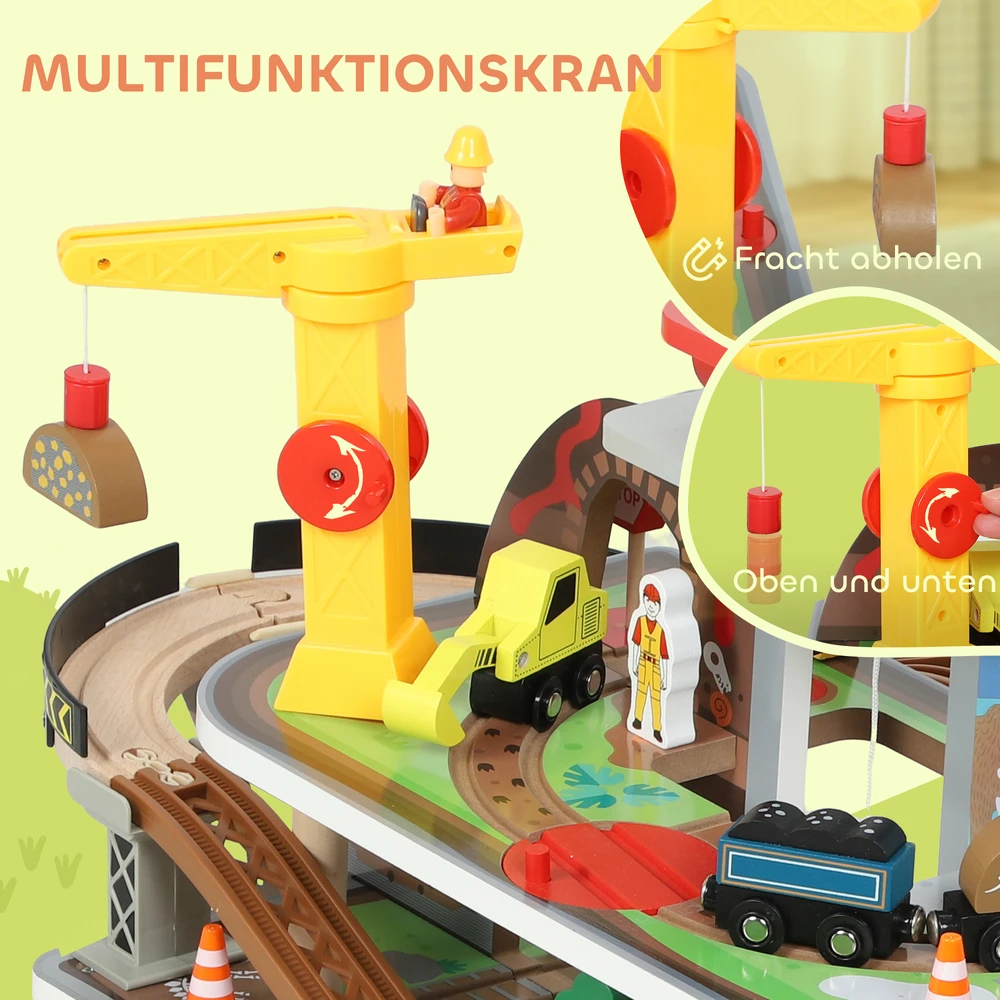 Medinis traukinukų komplektas, 79 dalys, 4 lygiai, liftas, kranas, praplečiamas, spalvingas